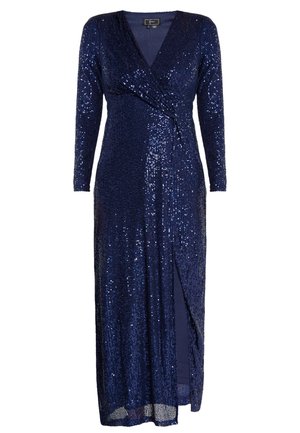 Námornícky modré flitrové dlhé šaty s prekrývacom dizajnom, hlbokým výstrihom do V, dlhými rukávmi a rozparkou po stehno. Hladká textura a trblietavý povrch.