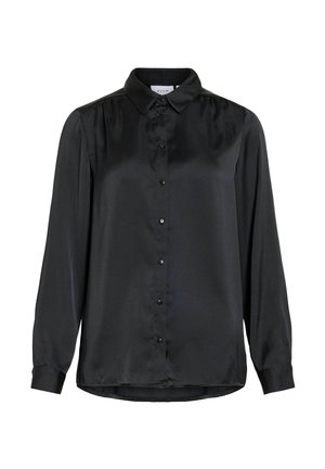 Black long-sleeve satin blouse with a pointed collar and front button closure, featuring slight shoulder gathers.