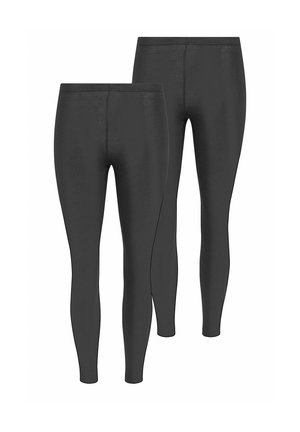 Zwei Paar schlichte schwarze Leggings in voller Länge vor weißem Hintergrund gezeigt.