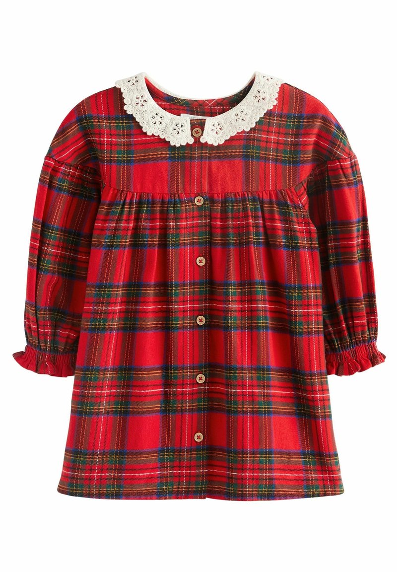 Robe écossaise rouge à manches longues, poignets à volants, col en dentelle blanche et boutons en bois sur le devant, confectionnée en tissu doux.