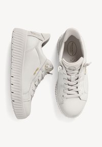 Helles graue Sneakers aus glattem Leder, mit runder Zehenform, dicker strukturierten Sohle, Schnürung vorne und kleinen goldenen Akzenten.