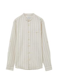 Camicia a maniche lunghe color beige chiaro con strisce verticali, colletto alla coreana, chiusura con bottoni, taschino sul petto e tessuto morbido e testurizzato.