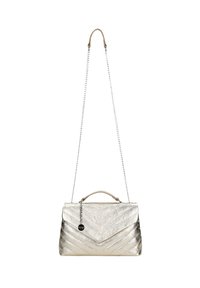 Borsa in metallo dorato con motivo a zigzag trapuntato, dotata di tracolla a catena e manico superiore. Texture liscia con una leggera lucentezza.