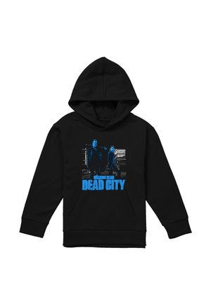 Schwarzer Hoodie mit blauem Motiv von zwei Figuren, die Waffen halten und in einer Stadt stehen, Text "The Walking Dead Dead City" auf der Vorderseite.