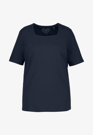 T-shirt bleu marine à manches courtes avec un col carré, fabriqué en coton doux, ornée d'un logo en forme de cœur au niveau du cou. Design simple et épuré.
