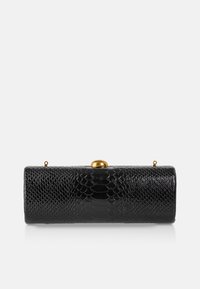 Textured black clutch bag with a reptile pattern, featuring a rounded gold clasp and a cylindrical shape. Smooth leather finish.