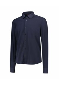 Camicia a maniche lunghe blu navy, con davanti abbottonato con bottoni neri, colletto sagomato, tessuto liscio, vestibilità regolare e polsini strutturati.