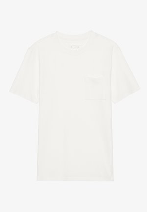 T-shirt blanc à manches courtes en tissu texturé. Il présente une poche sur la poitrine gauche et un col rond. Design simple et basique.