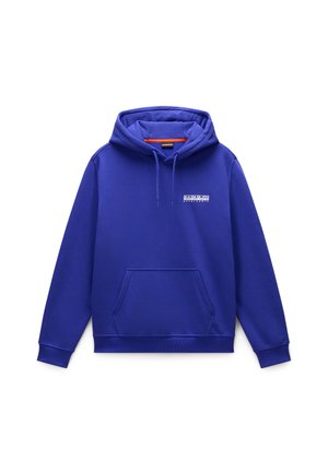 Felpa blu reale realizzata in morbido tessuto. Presenta una tasca a marsupio frontale, cappuccio regolabile con cordini e un piccolo logo sul petto.