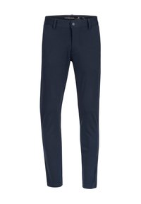 Pantaloni blu navy realizzati in un tessuto morbido e elasticizzato. Presentano una chiusura con bottone e passanti per la cintura. Design slim fit con una texture liscia.