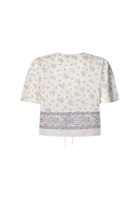 Haut à manches courtes floral avec un fond blanc, présentant des motifs violet et jaune. Comprend un ourlet à motifs et un détail de cordon de serrage.