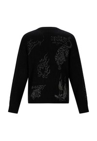 Maglione nero a costine con design astratti in argento e testo. Collo a giro, maniche lunghe, vestibilità ampia, con dettagli in tessuto testurizzato.