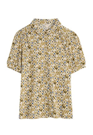 Short-sleeve shirt in mustard yellow with geometric floral patterns in blue, white, and navy. Collared design with a relaxed fit.