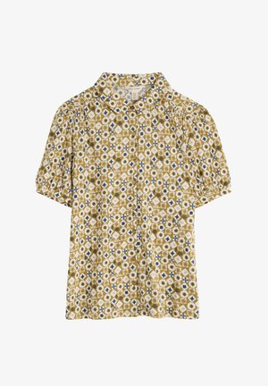 Camicia a maniche corte di colore giallo senape con motivi floreali geometrici in blu, bianco e blu navy. Design con colletto e vestibilità comoda.