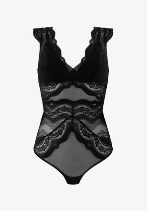 Črn čipkast bodi z valovitimi robovi, globokim V-izrezom in prosojnimi mrežnimi paneli z valovitimi čipkastimi vzorci. Mehak tekstil po vsej površini.