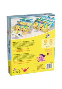 Board game box with a bright yellow and blue design, featuring 3D colorful figures and various sea-themed graphics. Includes game instructions.