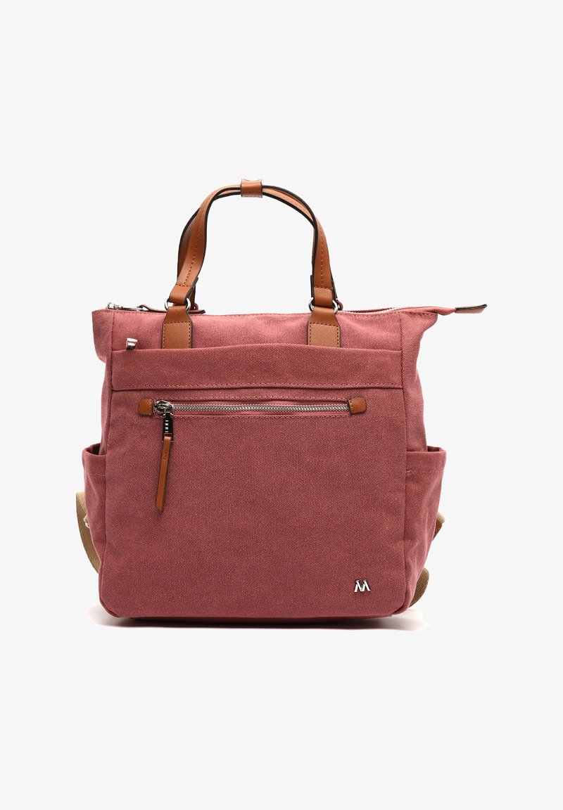 Red canvas tote bag with brown leather accents, dual handles, a zippered top, and front pockets. Features a logo at the bottom right corner.