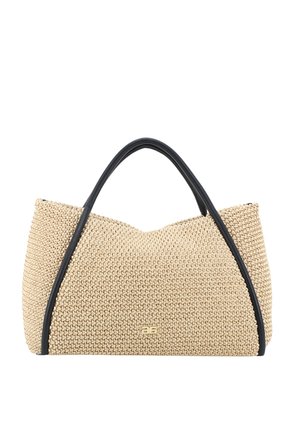 Beige woven handbag with a textured surface, featuring black leather accents and two curved handles for carrying. Gold logo detail on front.
