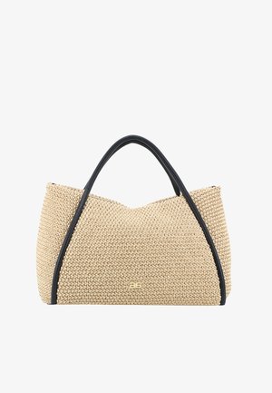 Beige woven handbag with a textured surface, featuring black leather accents and two curved handles for carrying. Gold logo detail on front.