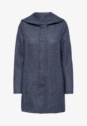 Mørkeblå hættejakke i uldblanding med skjult frontlukning og lange ærmer, designet til koldt vejr.