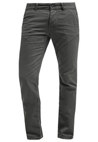 Šedé bavlněné kalhoty chinos s přímým střihem, předními kapsami a zapínáním na knoflík. Hladká textura a minimalistický design.