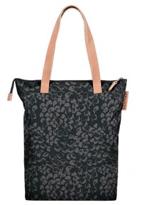 Borsa a tracolla nera con motivo astratto grigio e manici in tessuto beige, dotata di zip superiore e di un'etichetta laterale con il marchio "Eastpak".
