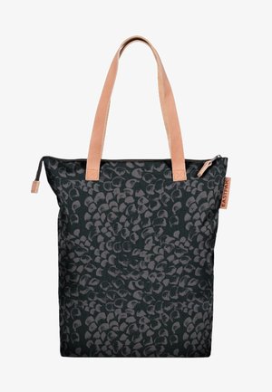 Borsa a tracolla nera con motivo astratto grigio e manici in tessuto beige, dotata di zip superiore e di un'etichetta laterale con il marchio "Eastpak".