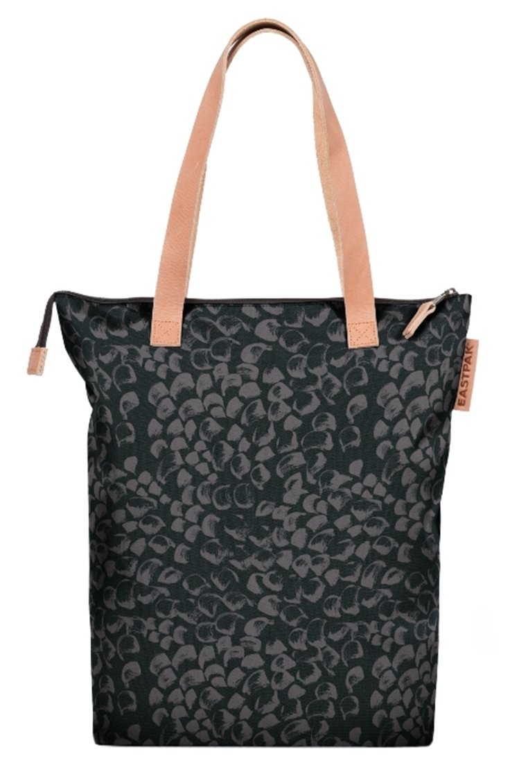 Borsa a tracolla nera con motivo astratto grigio e manici in tessuto beige, dotata di zip superiore e di un'etichetta laterale con il marchio "Eastpak".