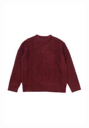 Maglione lavorato a maglia color bordeaux con un motivo testurizzato. Presenta un collo a giro e maniche lunghe, realizzato in materiale morbido e pelo.