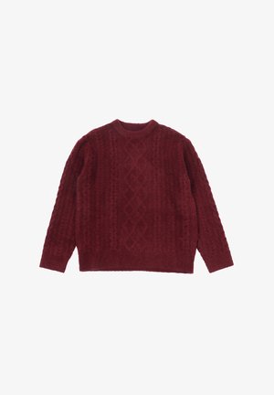 Maglione lavorato a maglia color bordeaux con un motivo testurizzato. Presenta un collo a giro e maniche lunghe, realizzato in materiale morbido e pelo.