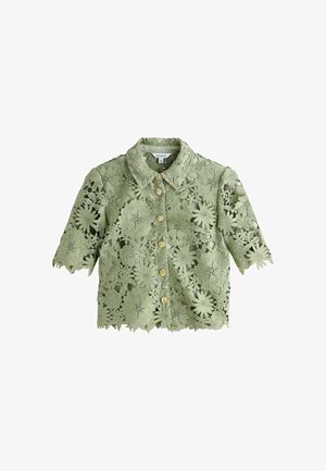 Hellgrüne florale Spitzenbluse mit kurzen Ärmeln, Kragen und goldenen Knöpfen in der vorderen Mitte.