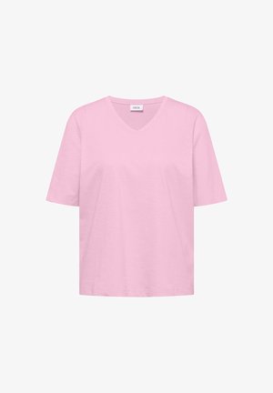 Světle růžové tričko s krátkým rukávem a výstřihem do V z měkké látky, představující jednoduchý a ležérní styl s přímým střihem.