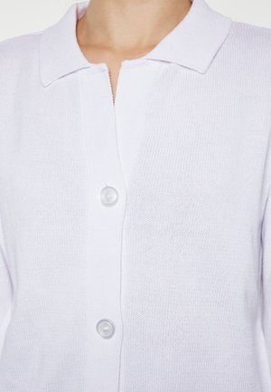 Cardigan a maglia viola chiaro con colletto, patta anteriore con un solo bottone e tessuto testurizzato.