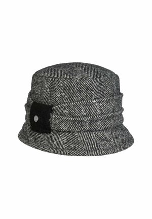 Gray and black herringbone patterned bucket hat with small silver sequins and a black fabric patch with a round metal button.