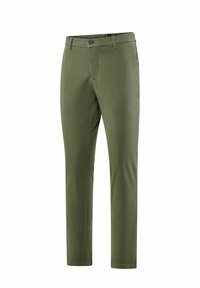 Pantaloni verde oliva con una vestibilità slim, realizzati in un tessuto morbido. Presentano una chiusura con bottone e tasche frontali e posteriori standard.