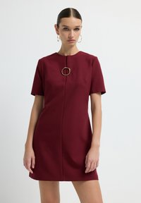 Femme avec les cheveux lissés en arrière portant une robe bordeaux à manches courtes avec une broche circulaire dorée et de grandes boucles d'oreilles en créole sur fond blanc.