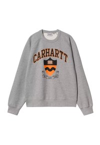 Felpa grigia con logo "CARHARTT" in nero e arancione. Collo rotondo, maniche raglan e polsini e fondo a costine.