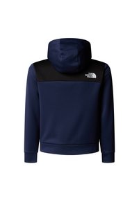 Marineblå hettegenser med svart skulderpanel, laget av glatt stoff, har ribbestrikkede mansjetter og kant, samt en logo på baksiden.