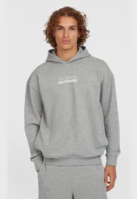 Grijze katoenen hoodie met een grote voorkant zak, cuffs en tailleband. Bevat witte tekst: "The Future Surf Society" op de borst.