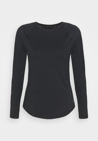 Black long-sleeve athletic shirt with crew neck and fitted silhouette, Under Armour logo near bottom hem on right side.