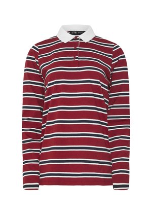Langärmliges Poloshirt in Burgunderrot mit horizontalen Streifen in Weiß und Marineblau, ausgestattet mit einem weißen Kragen und einer Knopfleiste mit drei Knöpfen. Weiches Baumwollmaterial.