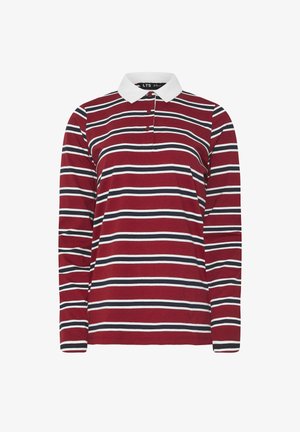 Langärmliges Poloshirt in Burgunderrot mit horizontalen Streifen in Weiß und Marineblau, ausgestattet mit einem weißen Kragen und einer Knopfleiste mit drei Knöpfen. Weiches Baumwollmaterial.