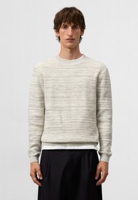 Jonge man met kort bruin haar, die een lichtgrijze crewneck trui over een wit shirt en zwarte wijde broek draagt, tegen een effen achtergrond staat.