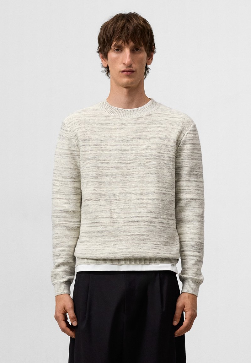 Jonge man met kort bruin haar, die een lichtgrijze crewneck trui over een wit shirt en zwarte wijde broek draagt, tegen een effen achtergrond staat.