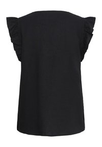 Blouse noire à manches courtes volantées et ourlet droit, vue de dos sur fond blanc.