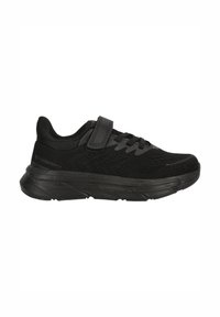 Schwarze Sportschuhe mit einem atmungsaktiven Strick-Obermaterial, einem Klettverschlussriemen und einer gepolsterten Sohle für Unterstützung und Komfort.