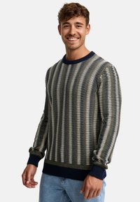 Pull en tricot pour homme en bleu marine, crème et olive, avec des rayures horizontales, des poignets et un col côtelés, présentant un motif texturé.