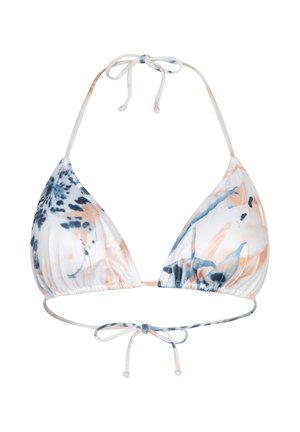 Driehoekige bikiniband met blauw en perzikkleurige abstracte bloemenprint, met nek- en rugstrikjes op een witte achtergrond.
