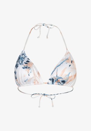 Trójkątny top bikini z niebiesko-brzoskwiniowym abstrakcyjnym kwiatowym wzorem, z wiązaniami na szyi i plecach na białym tle.
