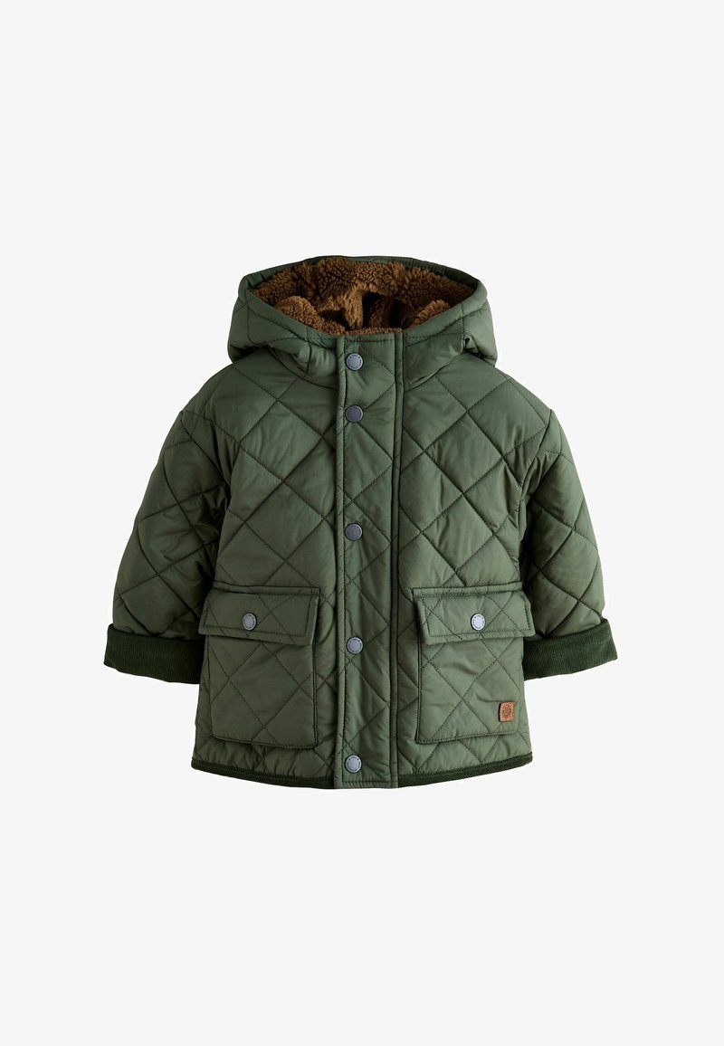 Quilted green toddler jacket with hood, brown fleece lining, snap button front, two flap pockets, and folded cuffs.